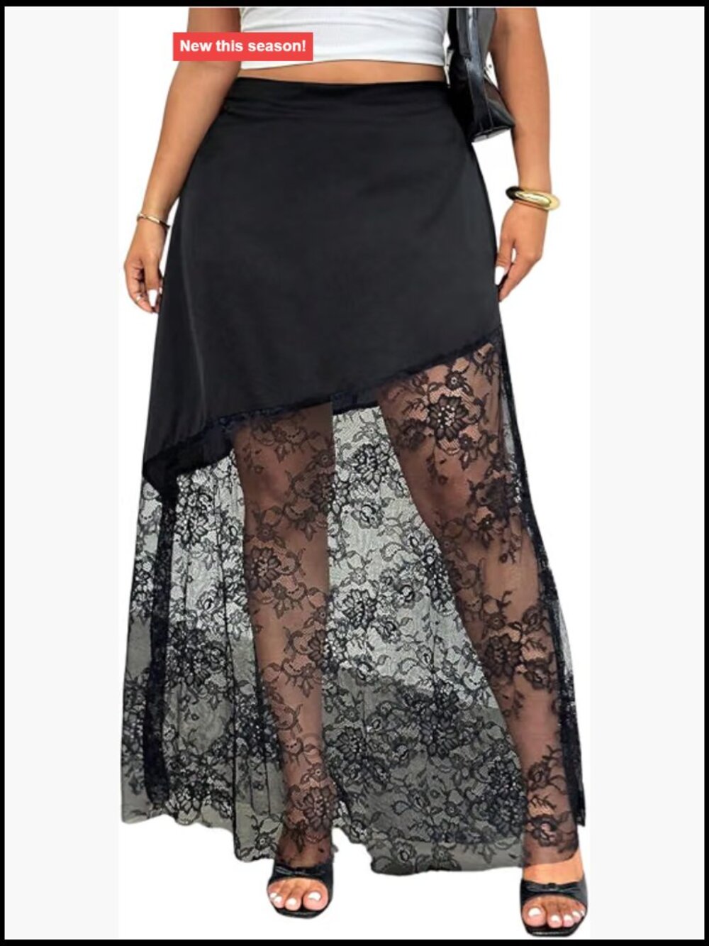 Floerns Women's Plus Size Satin Lace Patchwork High Waisted Long Skirt MAXI